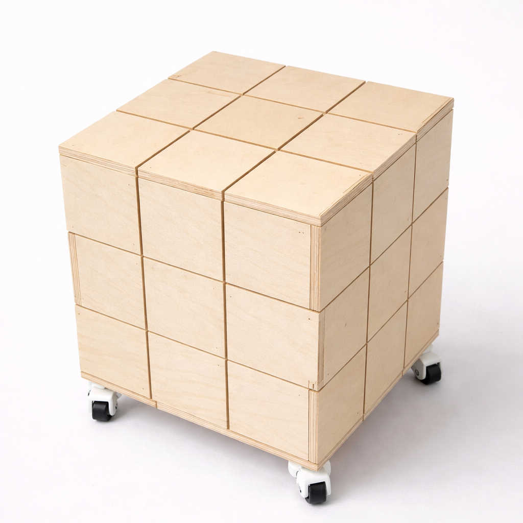 Wooden storage cube with wheels on a white background