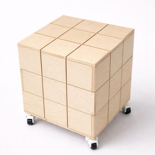 Wooden storage cube with wheels on a white background