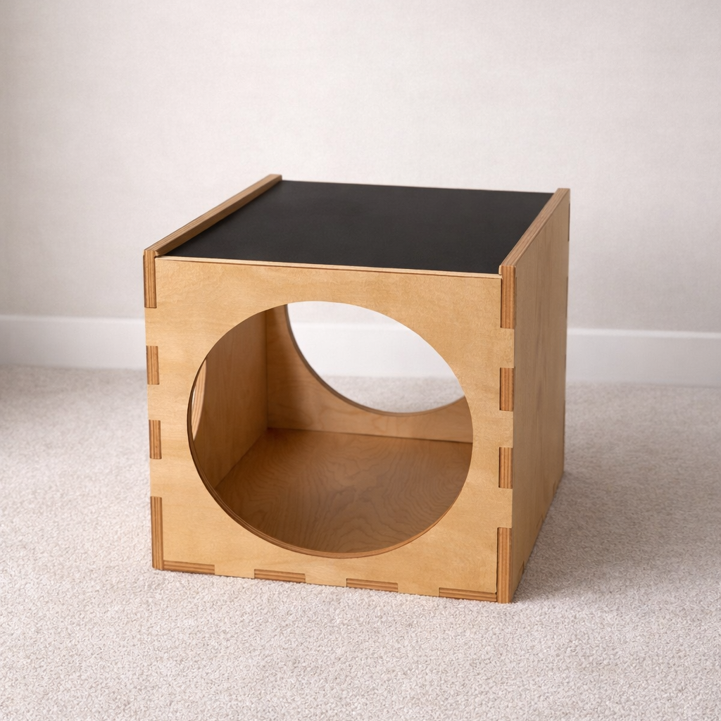 Wooden side table with a circular cutout on a plain background