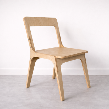 Wooden chair on a light gray floor with a white background