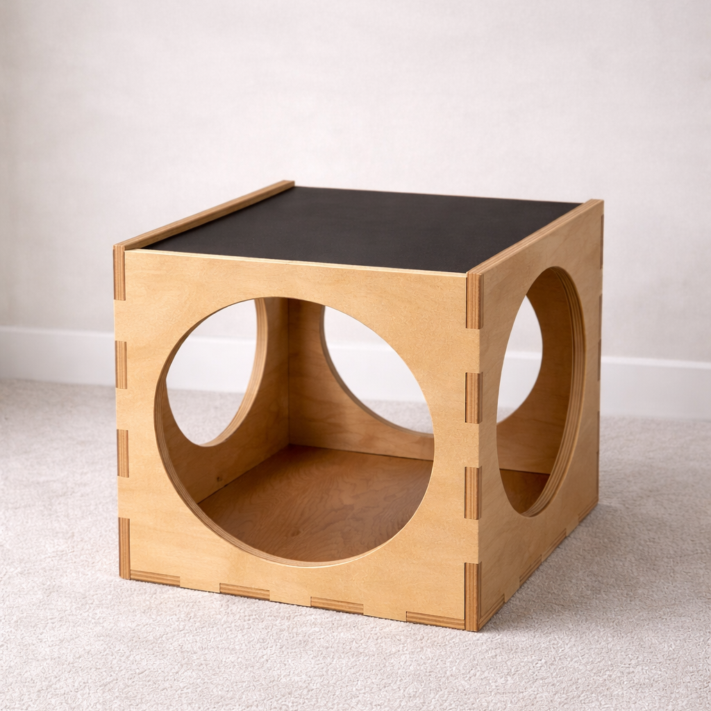 Wooden cube-shaped pet bed with a black top on a light gray floor.